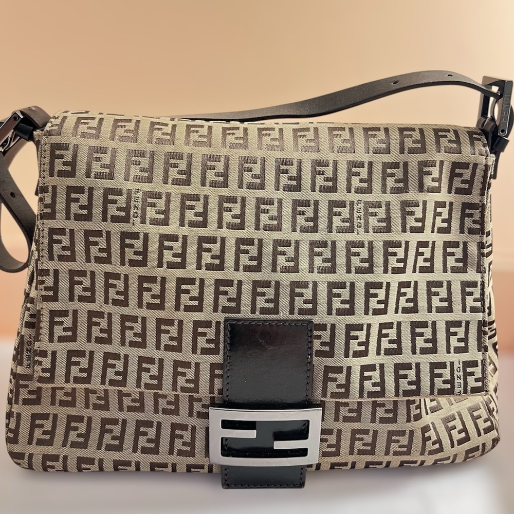 AUTH FENDI Mama Baguette Bag Zucchino Forever FF Logo Mania Caramel Silver Brown